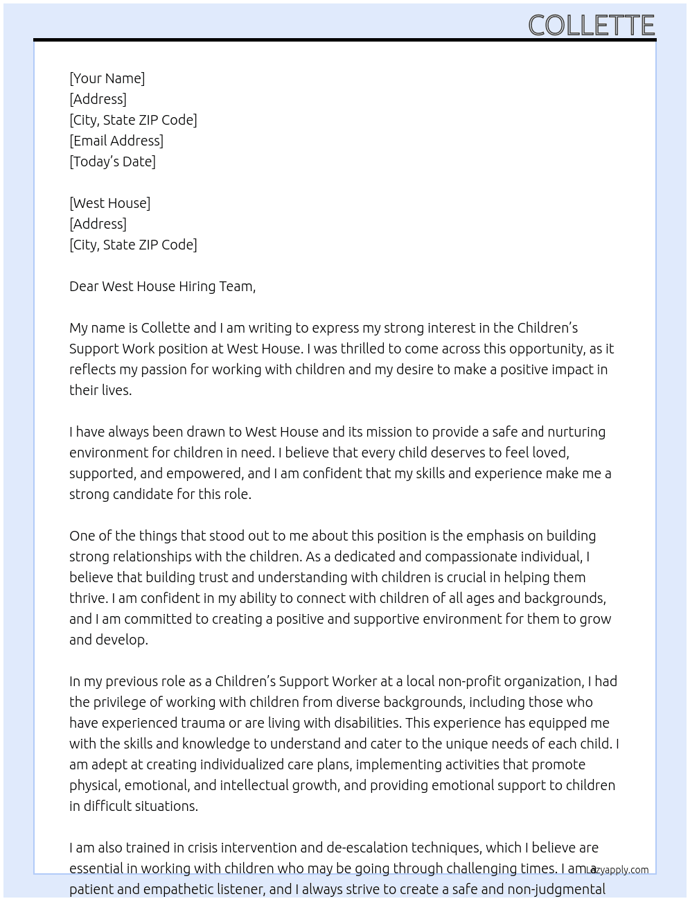 Children’s Support Work At West House Cover Letter