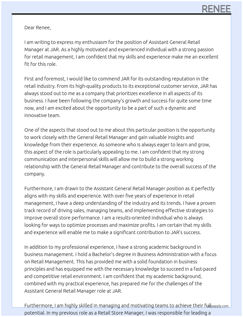 assistant general retail manager At jar Cover Letter