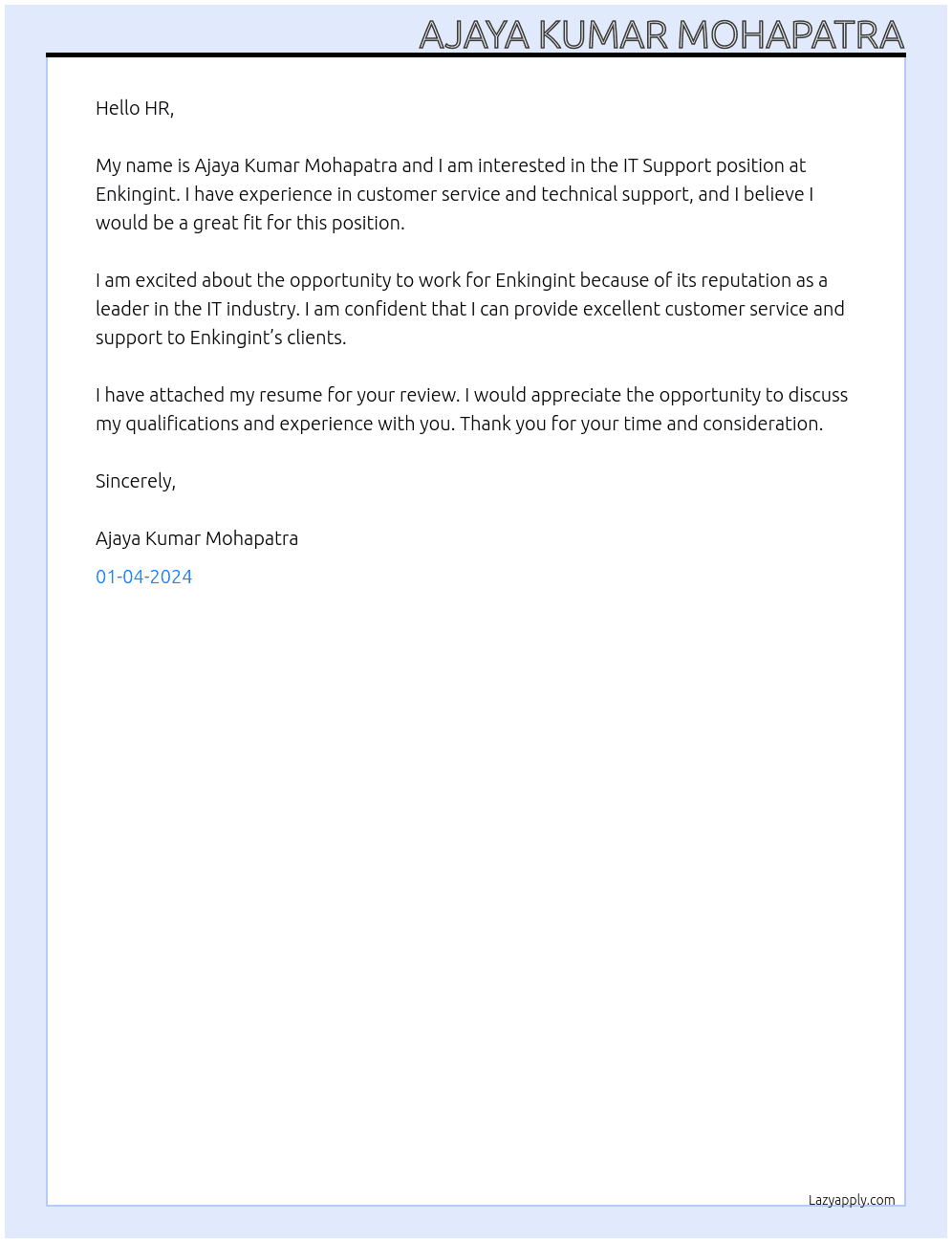 IT Support At Enkingint  Cover Letter