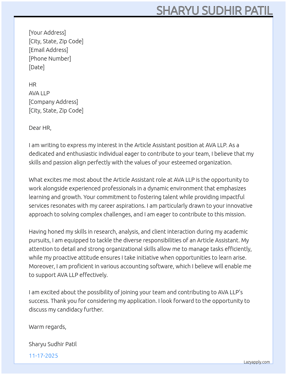 Article assistant  At AVA LLP Cover Letter