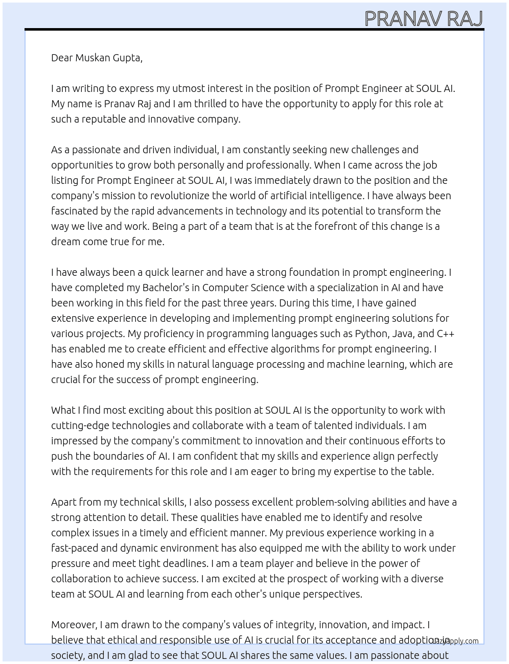 prompt engineer At SOUL AI Cover Letter