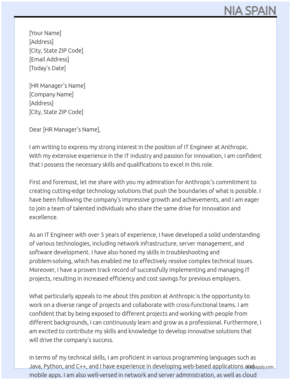 IT Engineer  At Anthropic Cover Letter