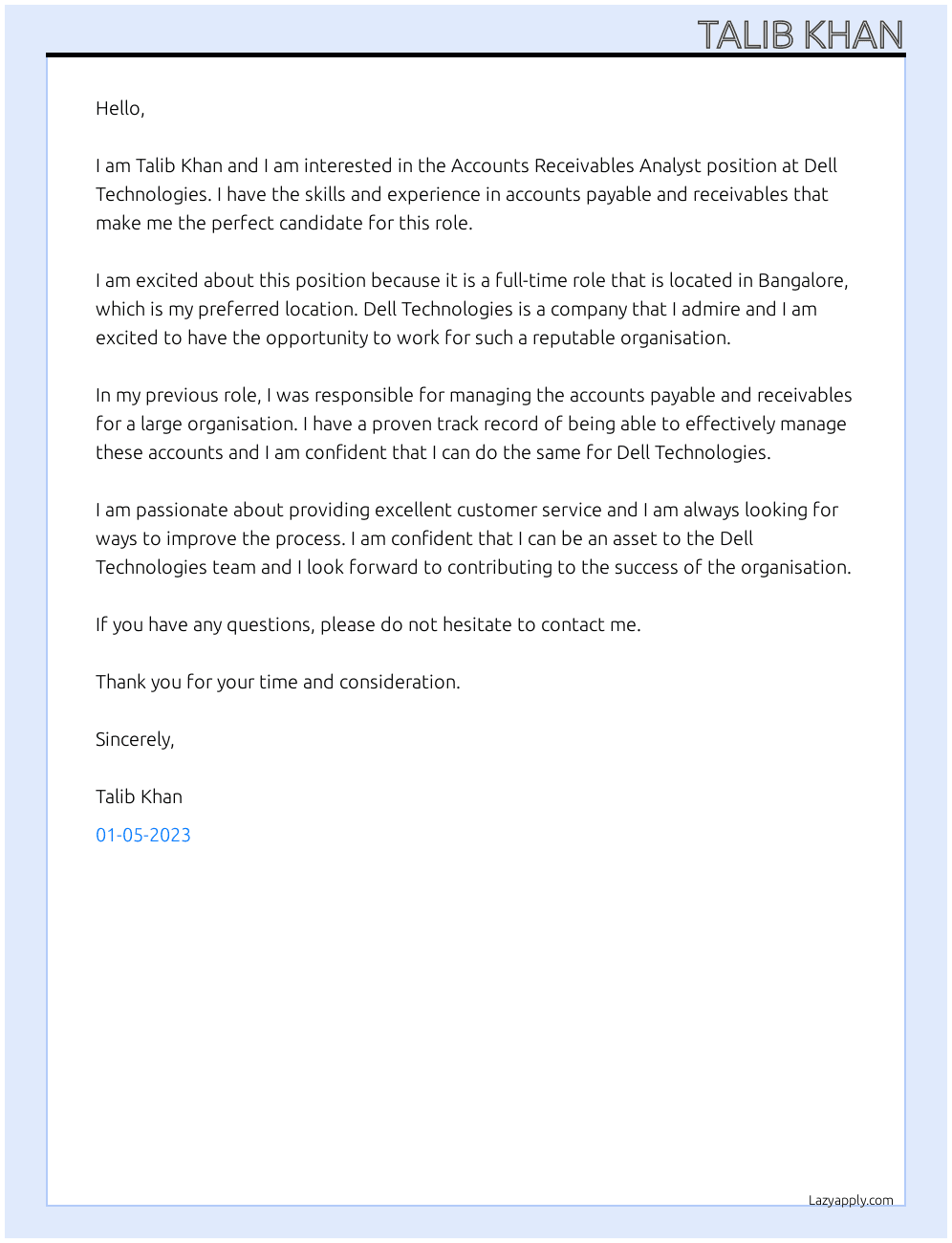 Accounts Receivables Analyst At Dell Technologies Cover Letter