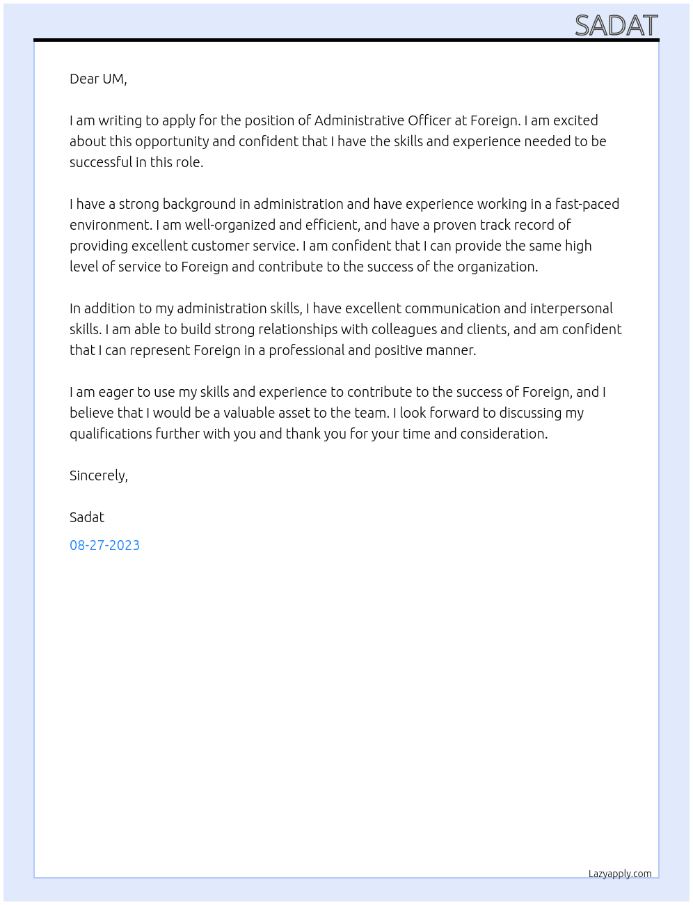 Administrative Officer At Foreign Cover Letter