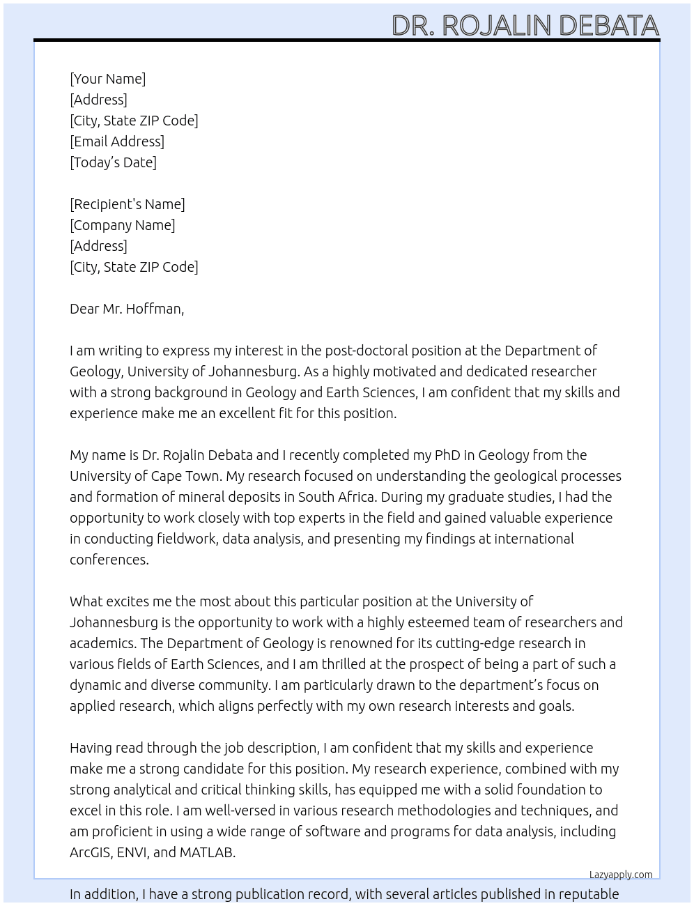 post doctoral position At Department of Geology, University of Johannesberg Cover Letter
