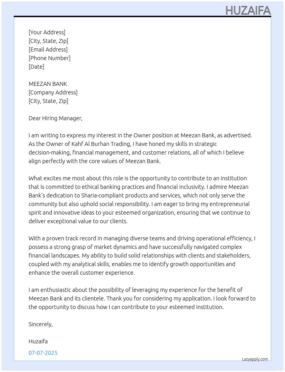 Owner At KAHF AL BURHAN Trading Cover Letter
