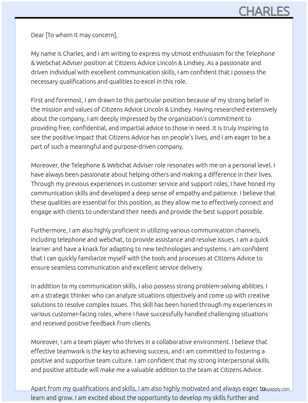 Telephone & Webchat Adviser At Citizens Advice Lincoln & Lindsey Cover Letter