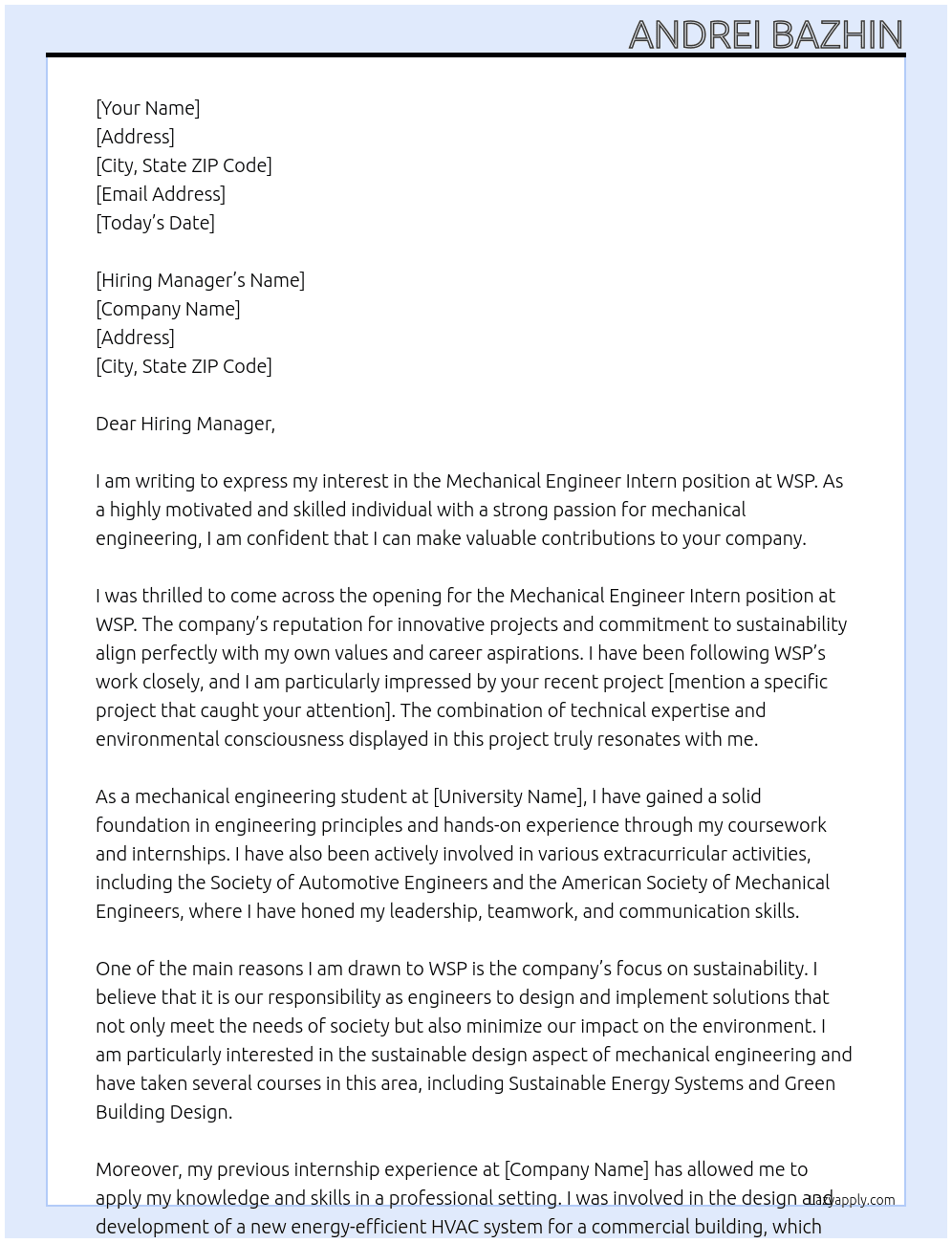 mechanical engineer intern At WSP Cover Letter