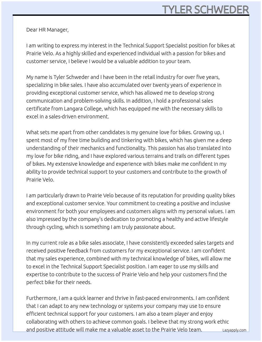 Technical Support Specialist (bikes) At Prairie Velo Cover Letter