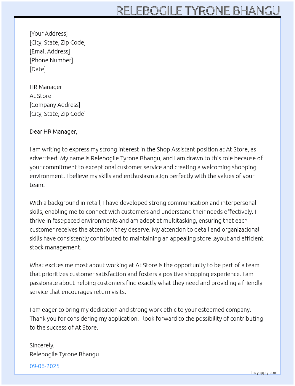 Shop assistant  At At Store Cover Letter
