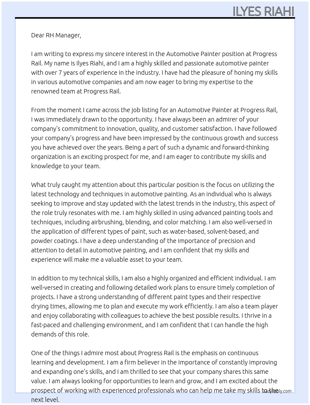 Automotive painter  At Progress Rail Cover Letter