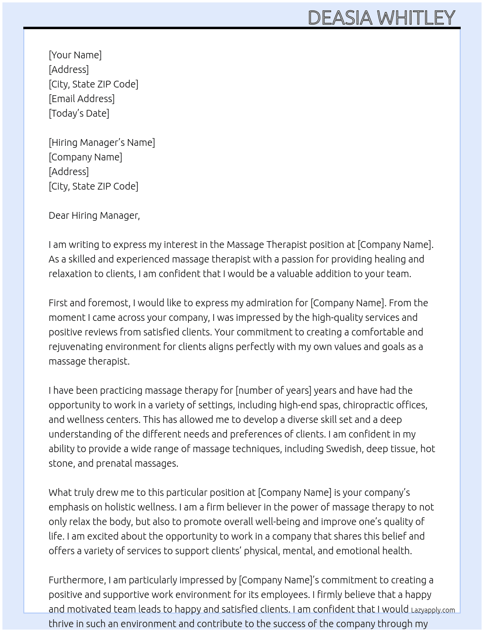 Massage therapist  At Massage therapist  Cover Letter