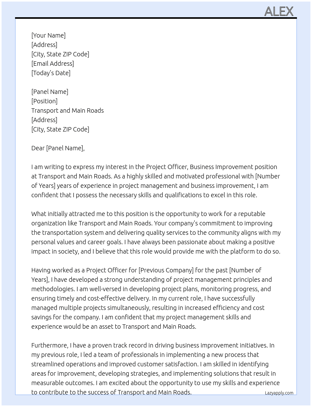 Project Officer, Business Improvement At Transport and Main Roads Cover Letter