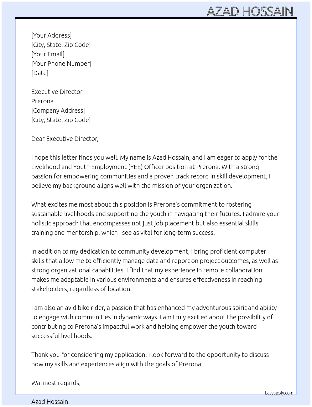 Livelihood and YEE Officer At Prerona Cover Letter
