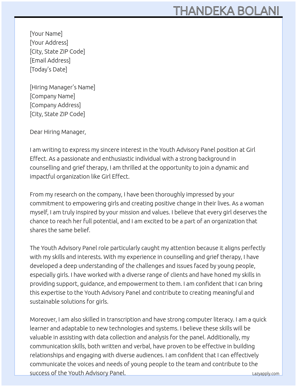 Youth Advisory Panel At Girl Effect Cover Letter