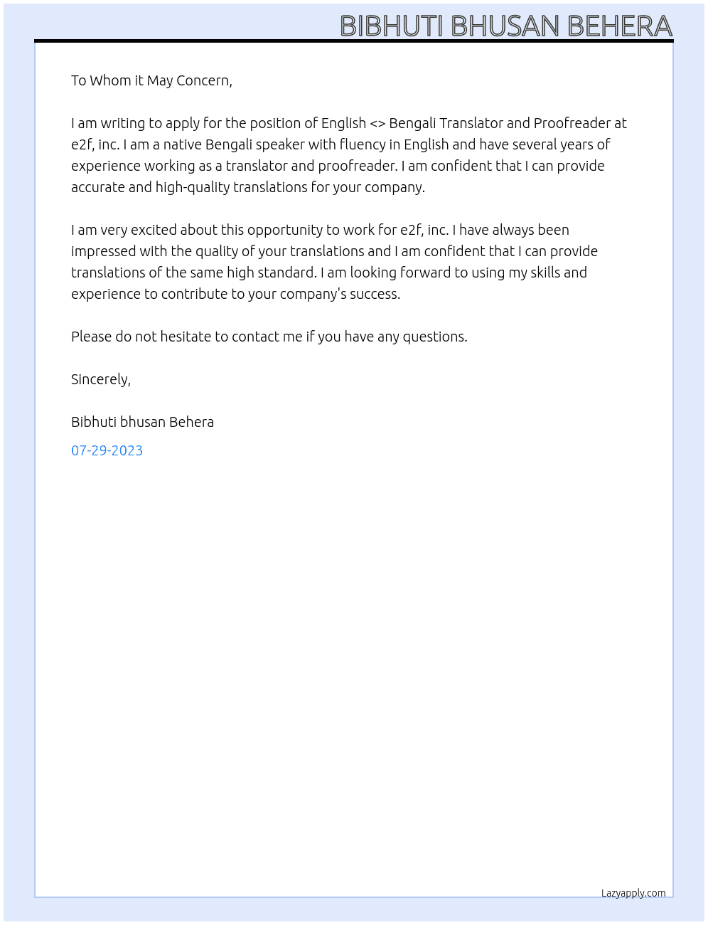 English <> Bengali Translators and Proofreaders At e2f, inc Cover Letter