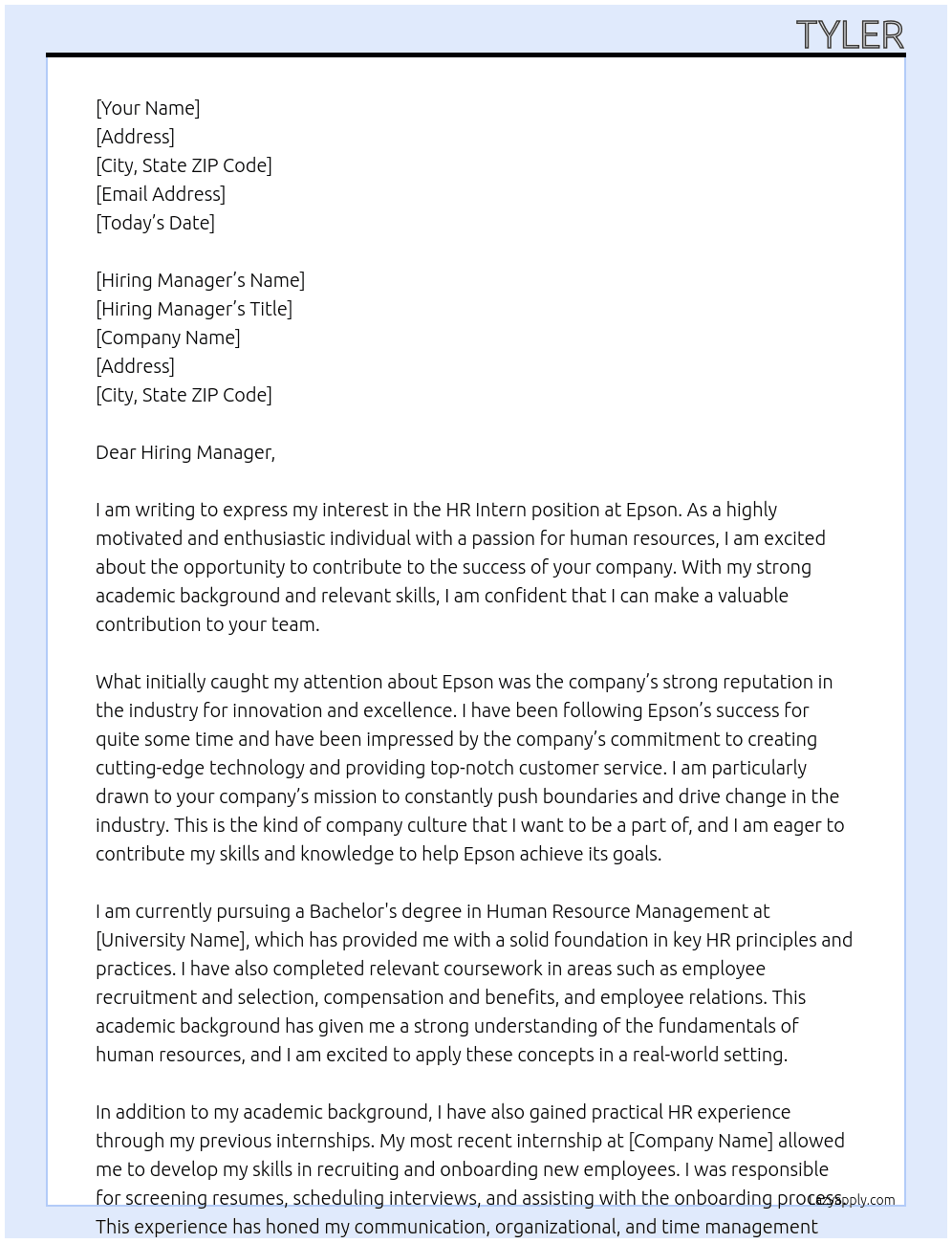 HR Intern At Epson Cover Letter