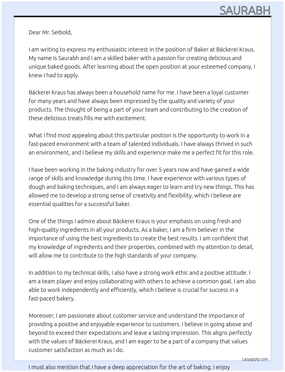 Baker At Bäckerei Kraus Cover Letter