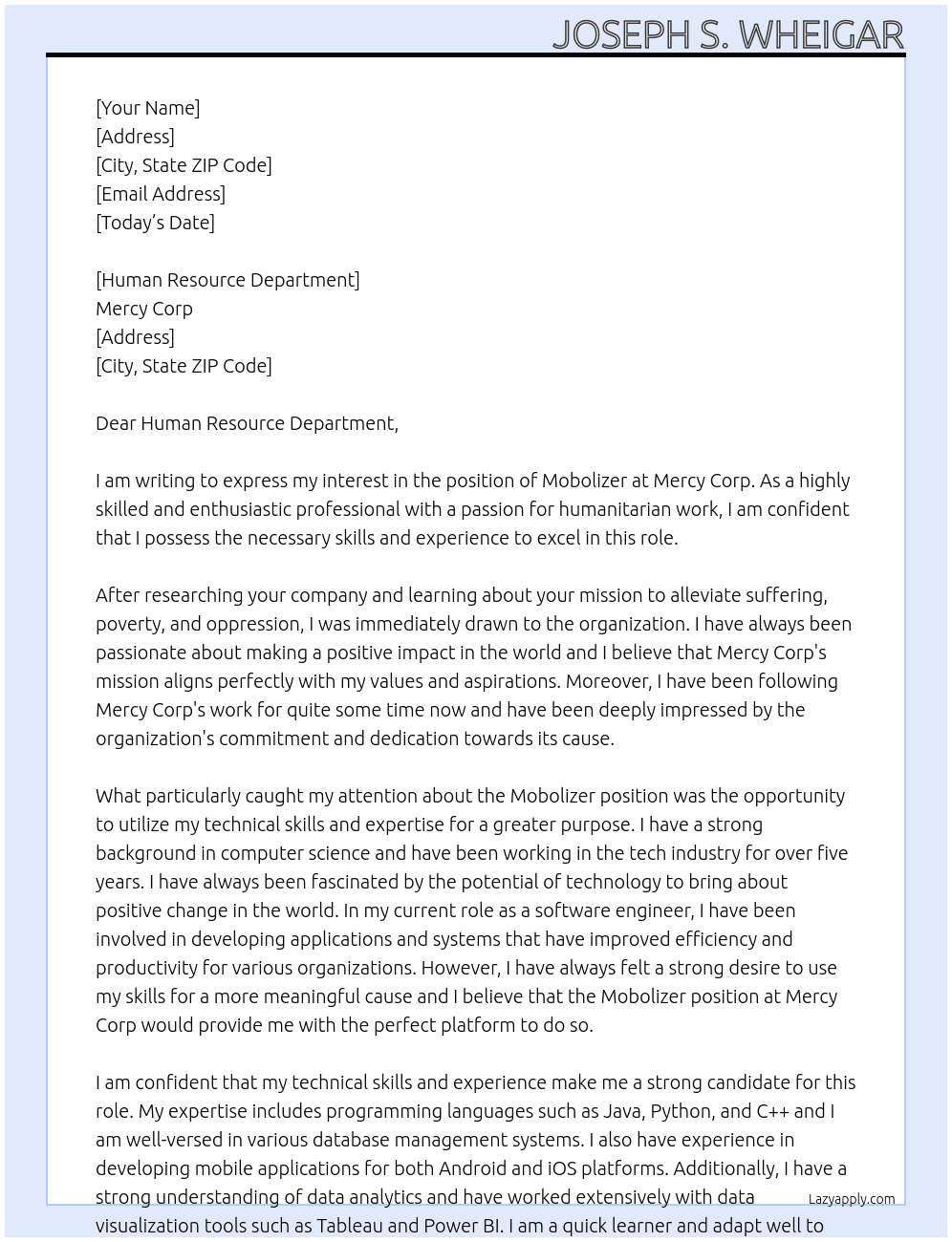 Mobolizer At Mercy Corp Cover Letter