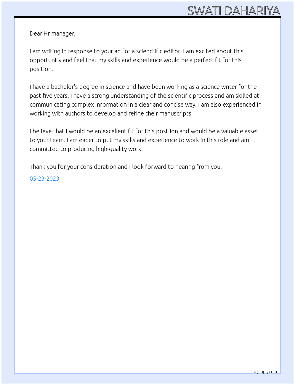 scienctific  editor At elsevier Cover Letter