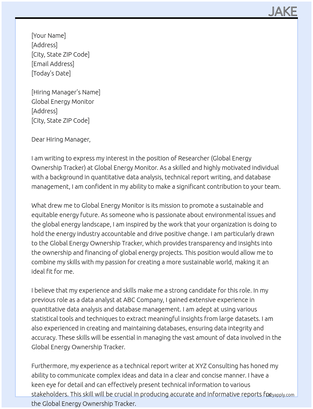Researcher (Global Energy Ownership Tracker) At Global Energy Monitor Cover Letter