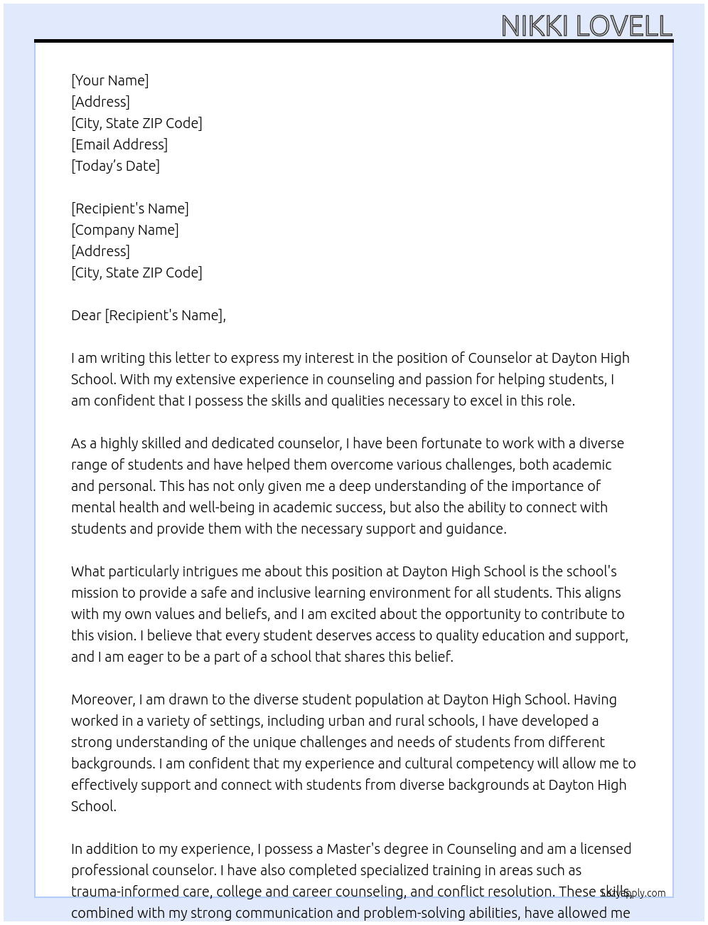 Counselor At Dayton High School Cover Letter