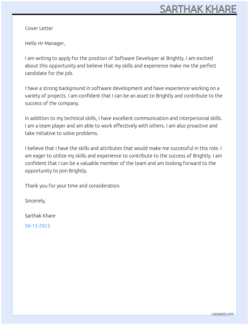 Software Developer At Brightly Cover Letter