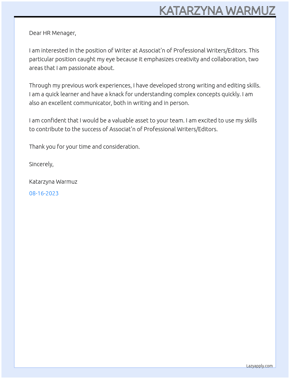 Writer At Associat'n of Professional Writers/Editors Cover Letter