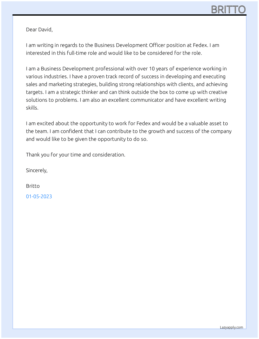 Business development officer  At fedex Cover Letter