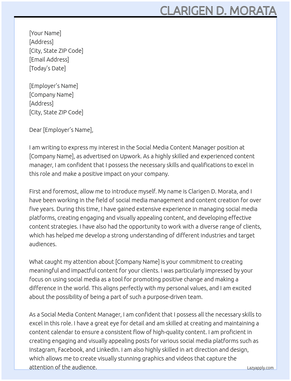 Social Media Content Manager At a hiring comapny in upwork Cover Letter