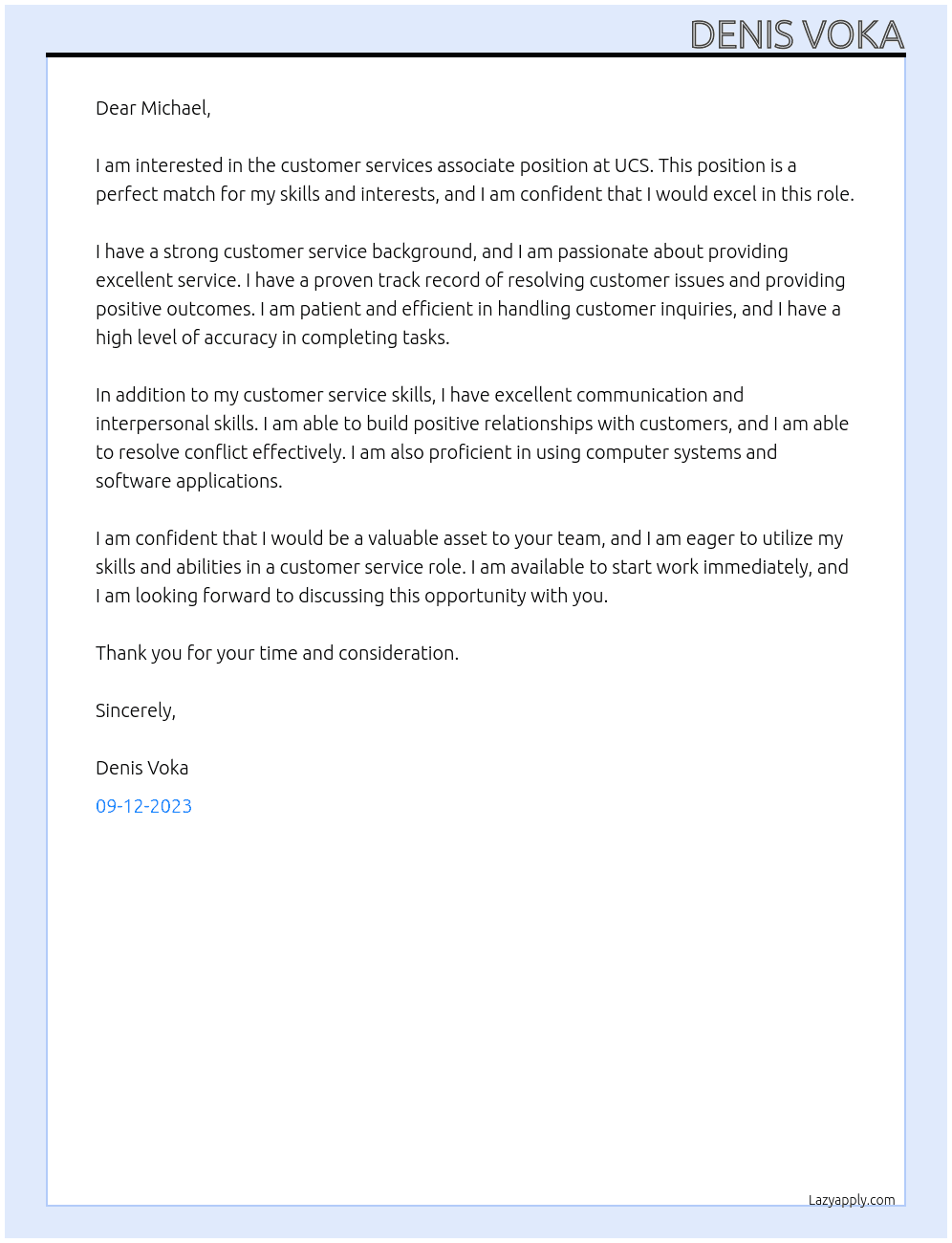 Customer services associate At UCS Cover Letter