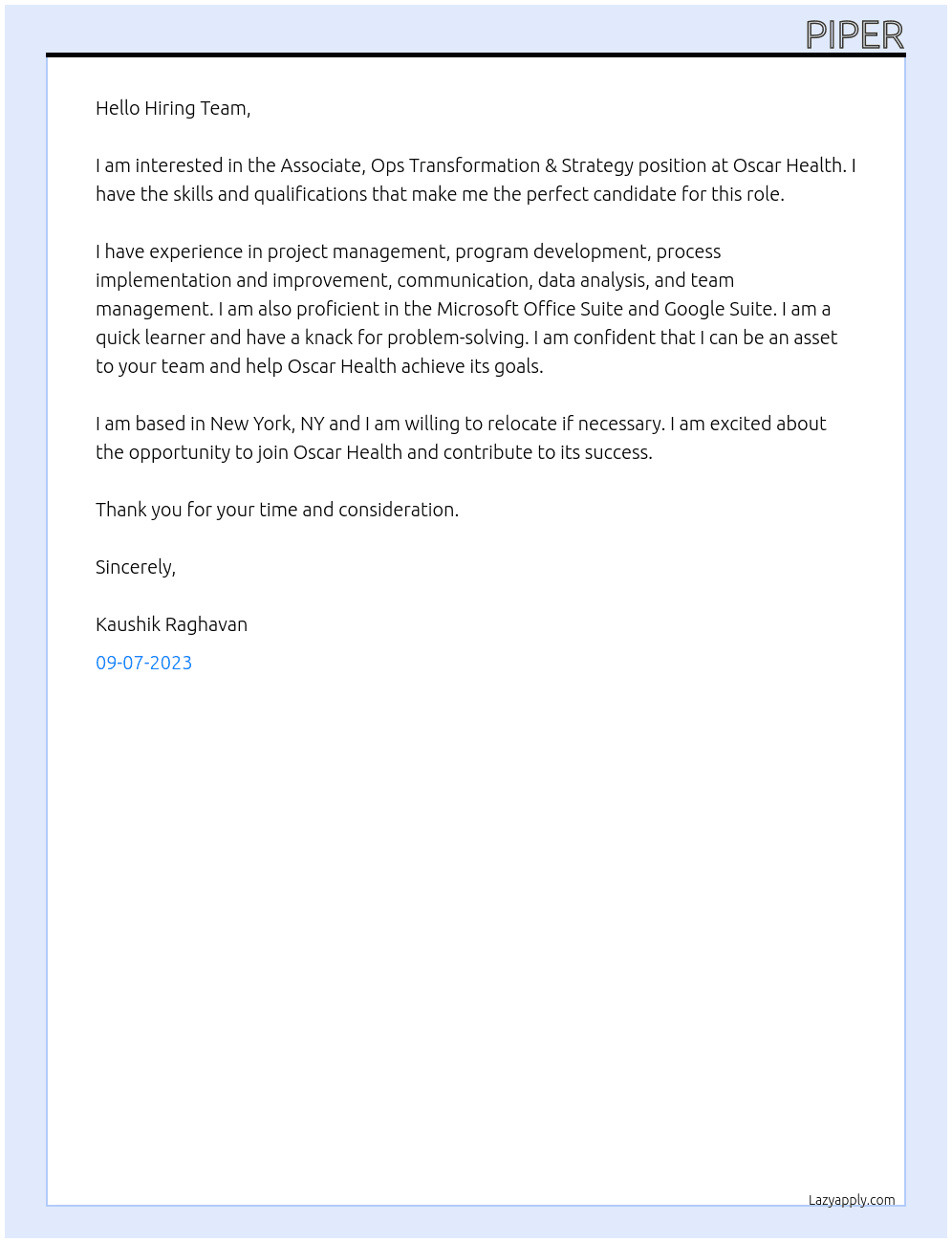 Associate, Ops Transformation & Strategy At Oscar Health Cover Letter