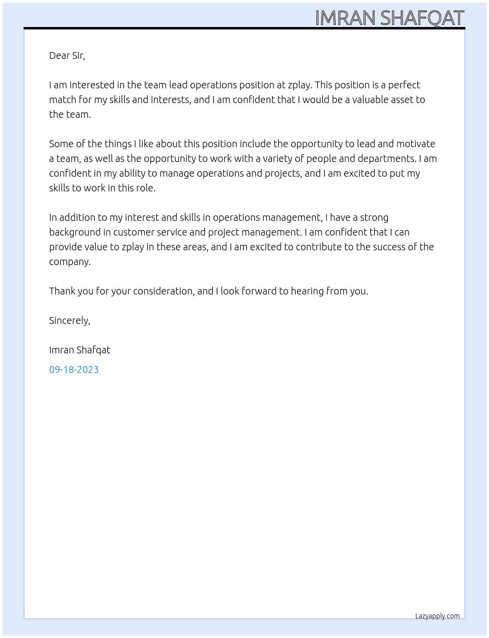 Team lead operations At zplay Cover Letter
