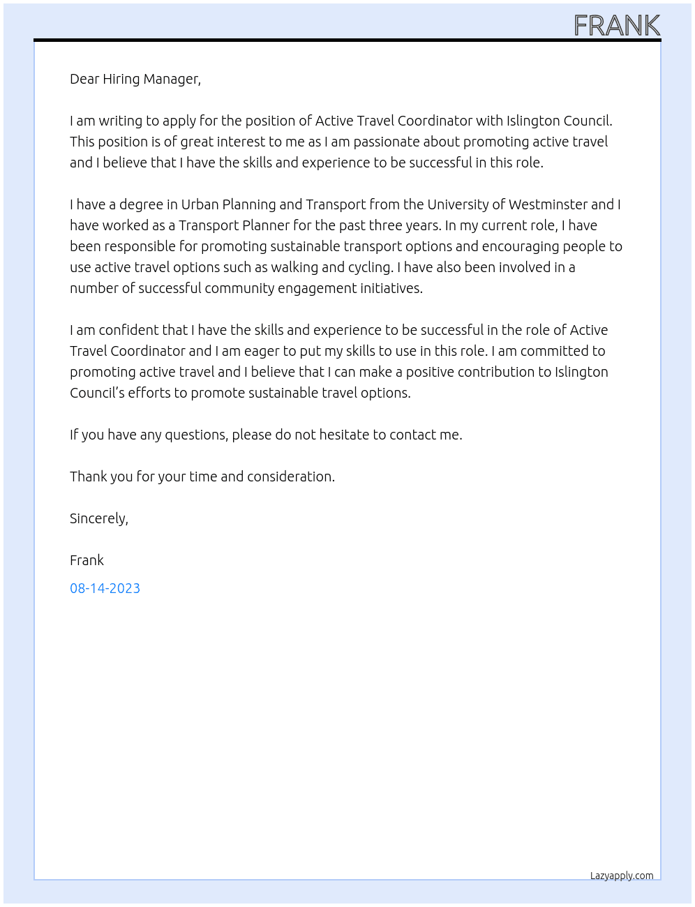 Active Travel Coordinator At Islington Council Cover Letter