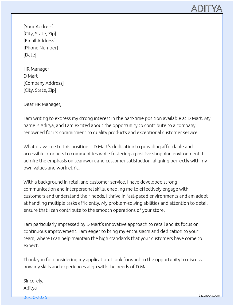 part time At D mart Cover Letter