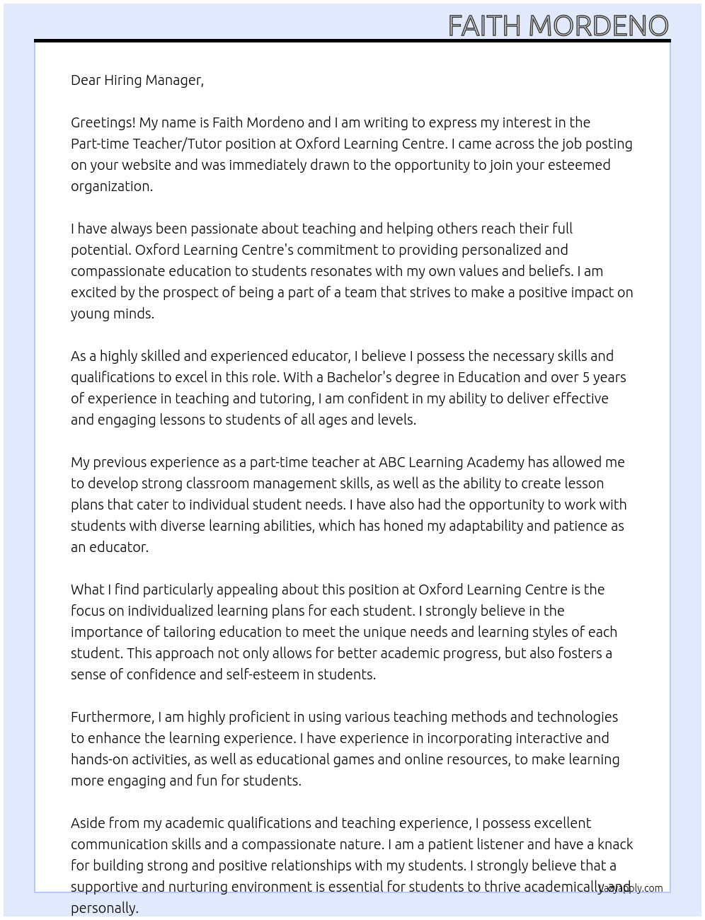 Part-time Teacher/Tutor At Oxford Learning Centre Cover Letter