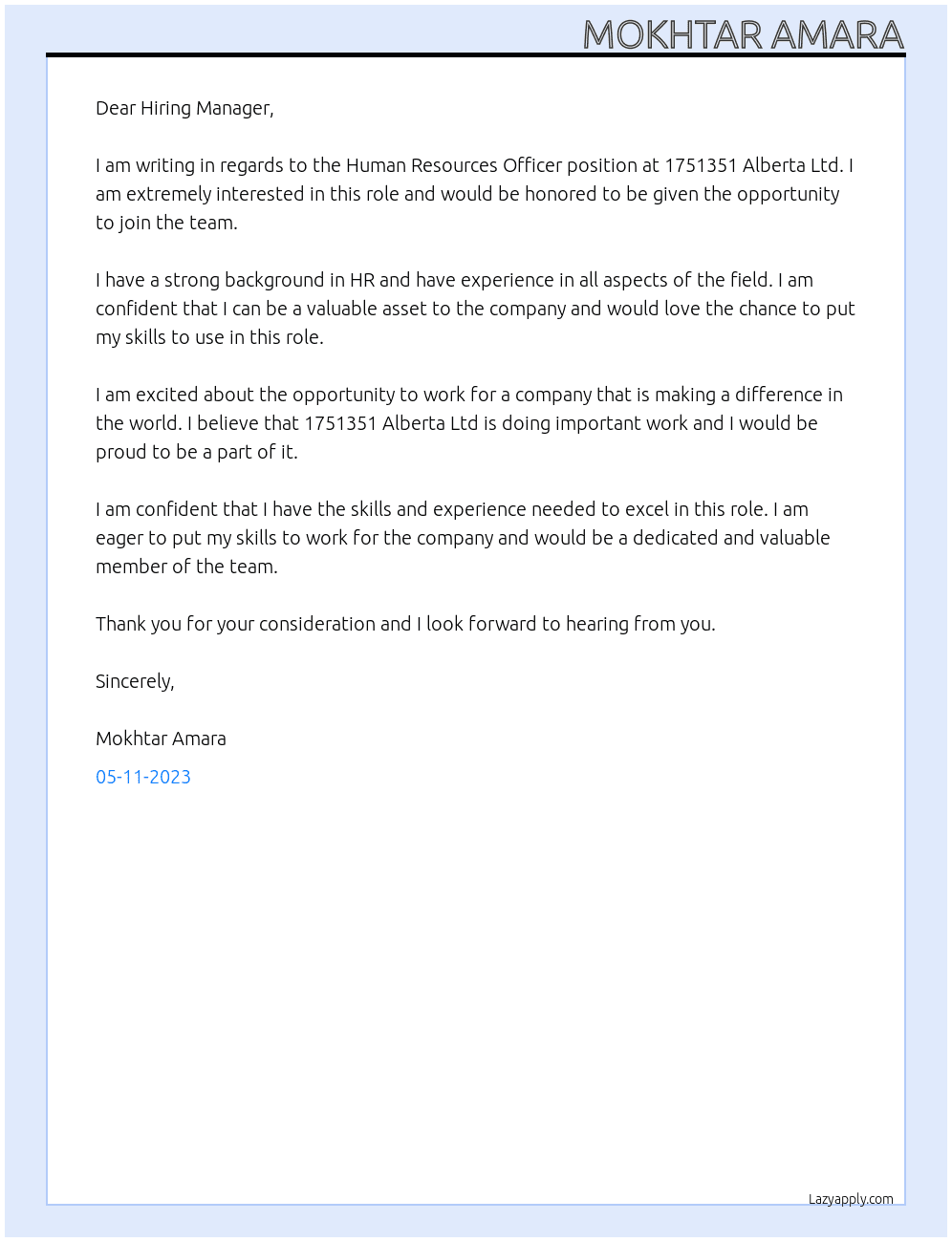 Human resources officer At 1751351 Alberta Ltd Cover Letter