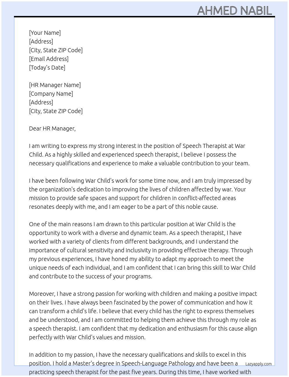 speech therapist At war child  Cover Letter