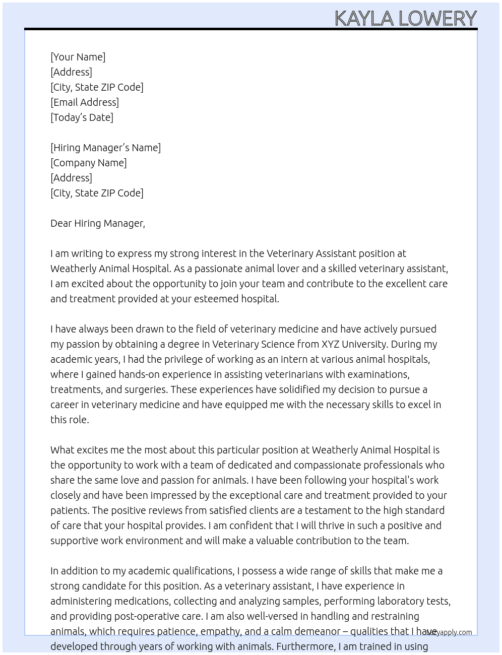 Veterinary Assistant At Weatherly Animal Hospital  Cover Letter