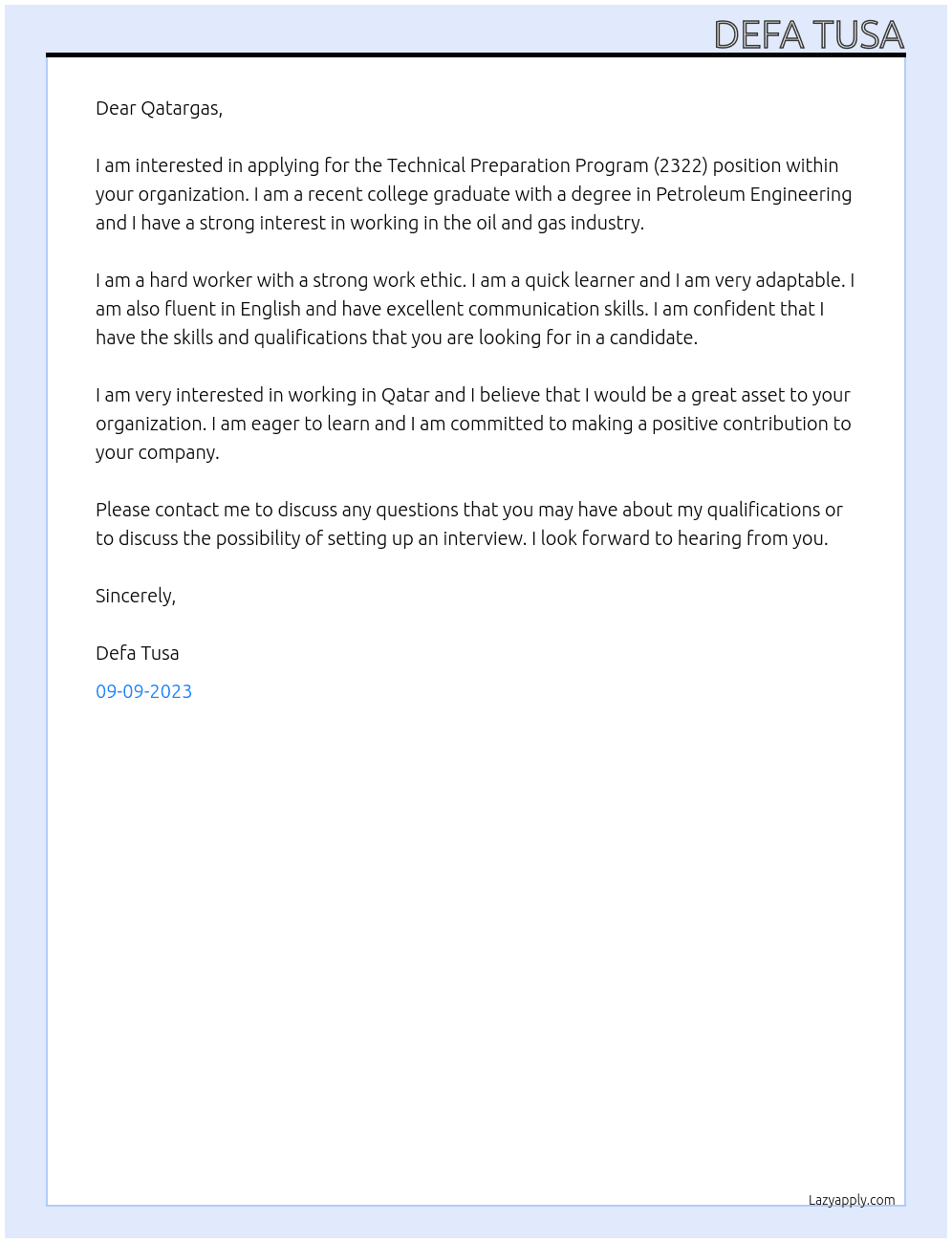 Technical Preparation Program (2322) At Qatargas organization  Cover Letter