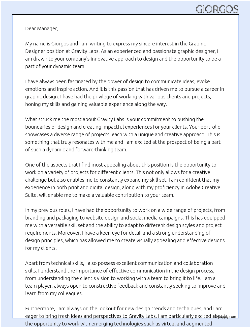 Graphic Designer At Gravity Labs Cover Letter