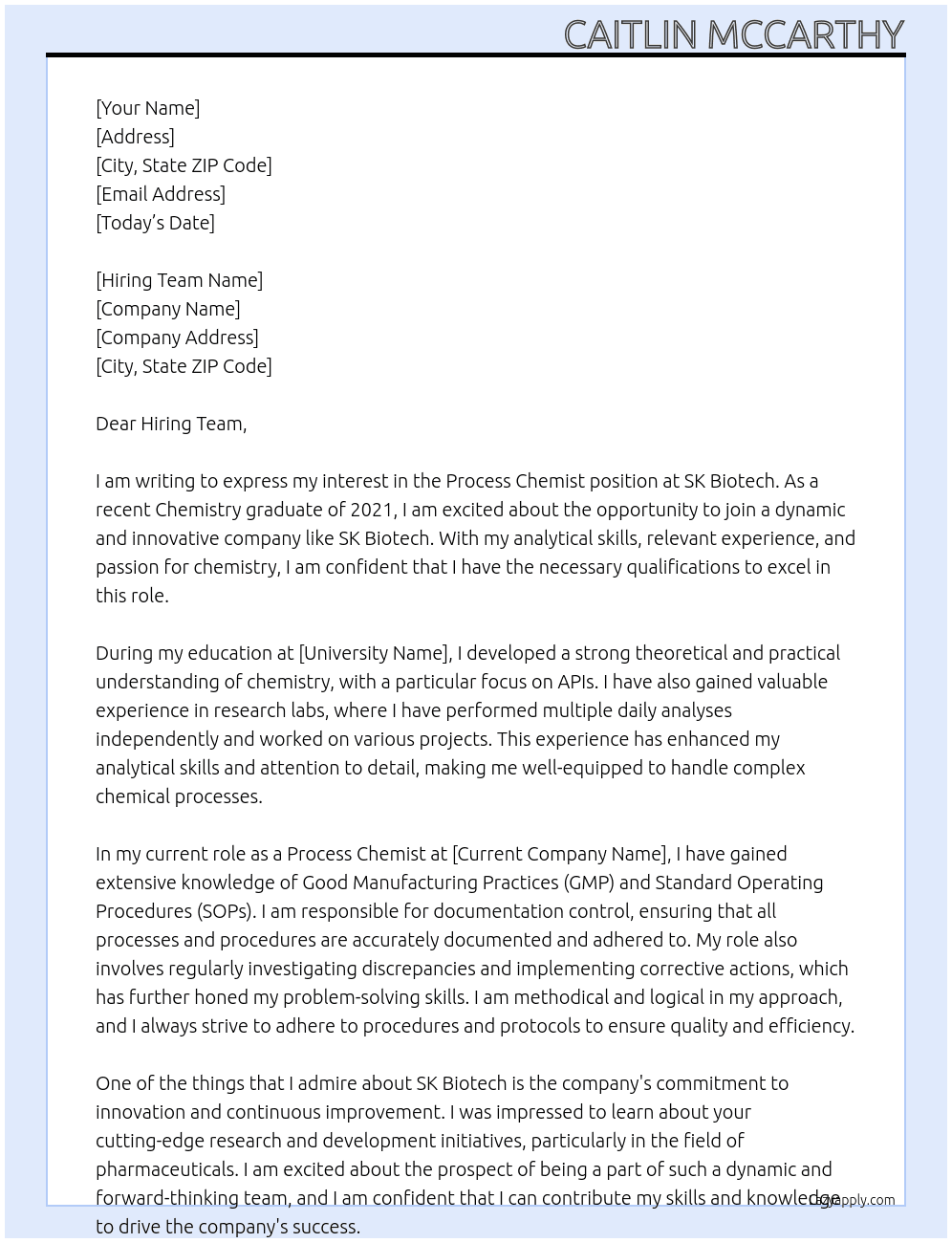 Process Chemist  At SK Biotech Cover Letter