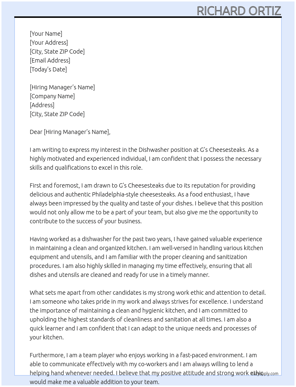 Dishwasher At G’s Cheesesteaks Cover Letter