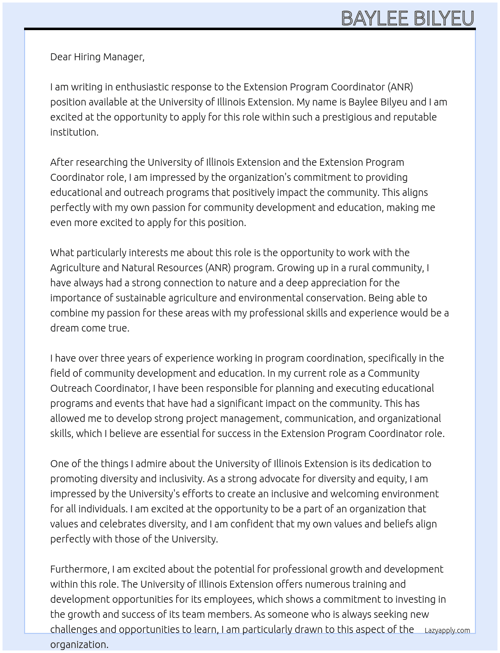 Extension Program Coordinator (ANR)  At University of Illinois Extension Cover Letter