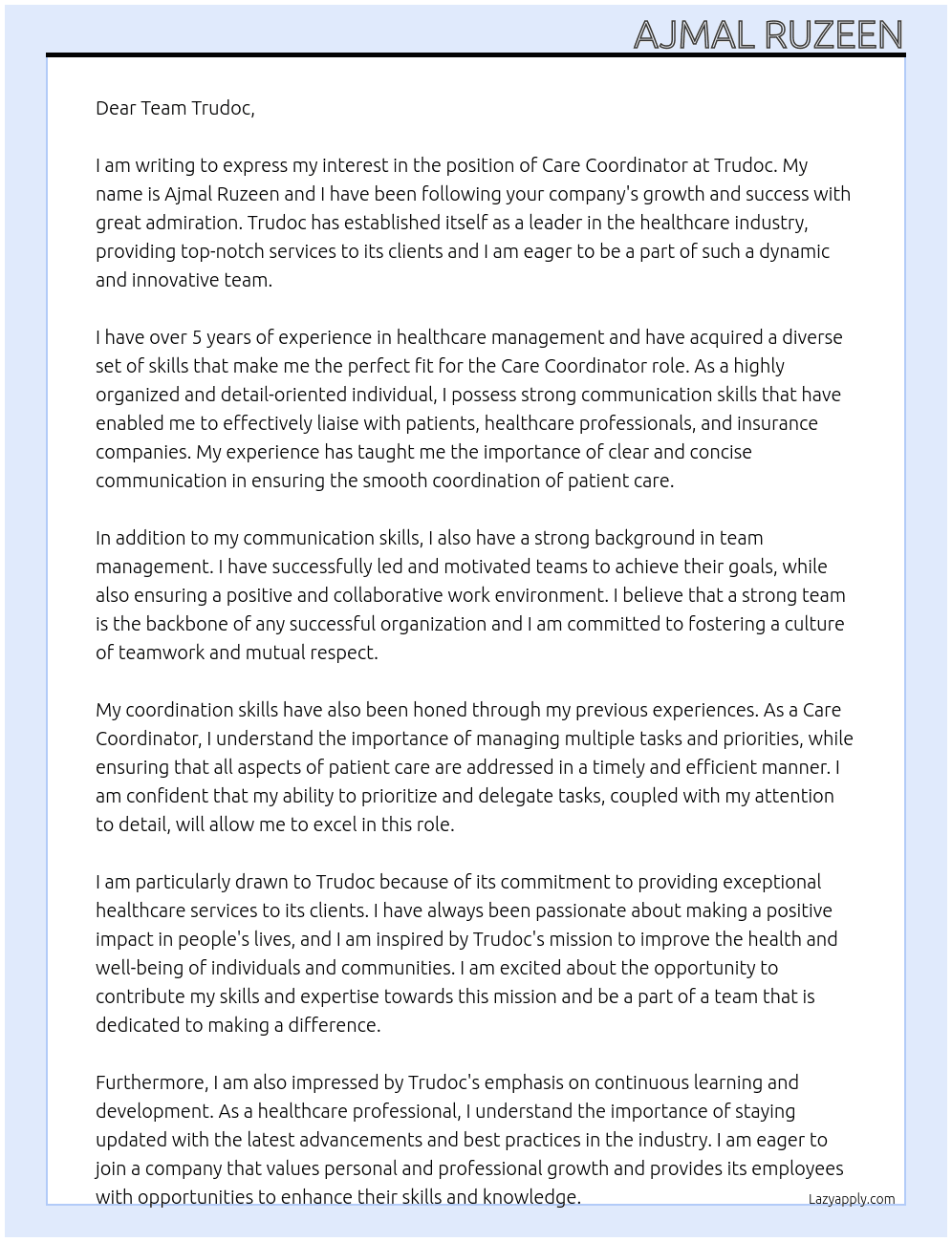 Care coordinator At Trudoc Cover Letter
