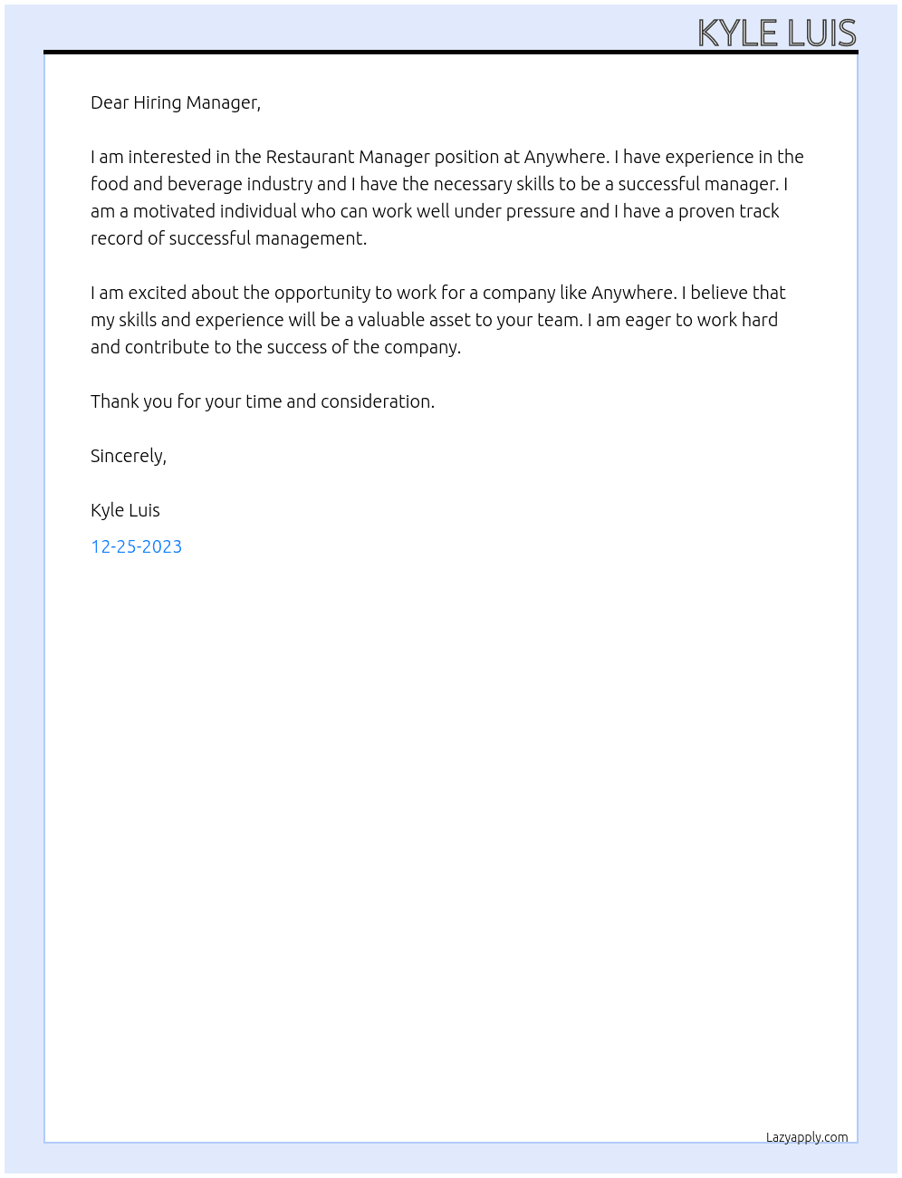 Restaurant Manager At anywhere Cover Letter