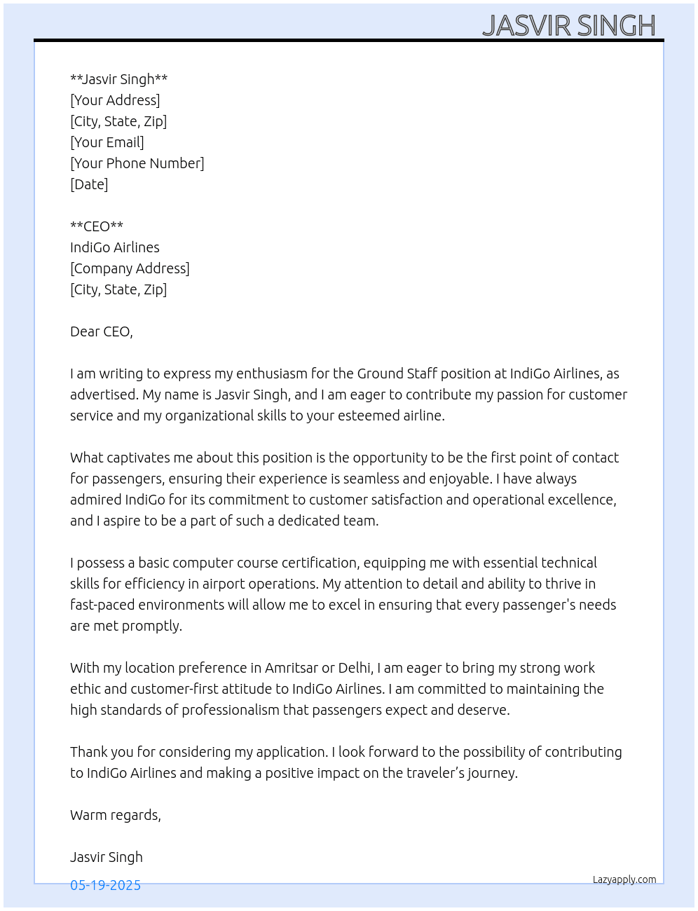 GROUND Staff  At INDIGO AIRLINE  Cover Letter