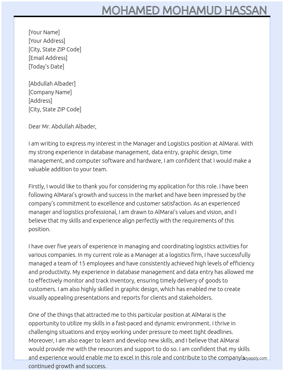 Cover letter for manager and logistics - LazyApply
