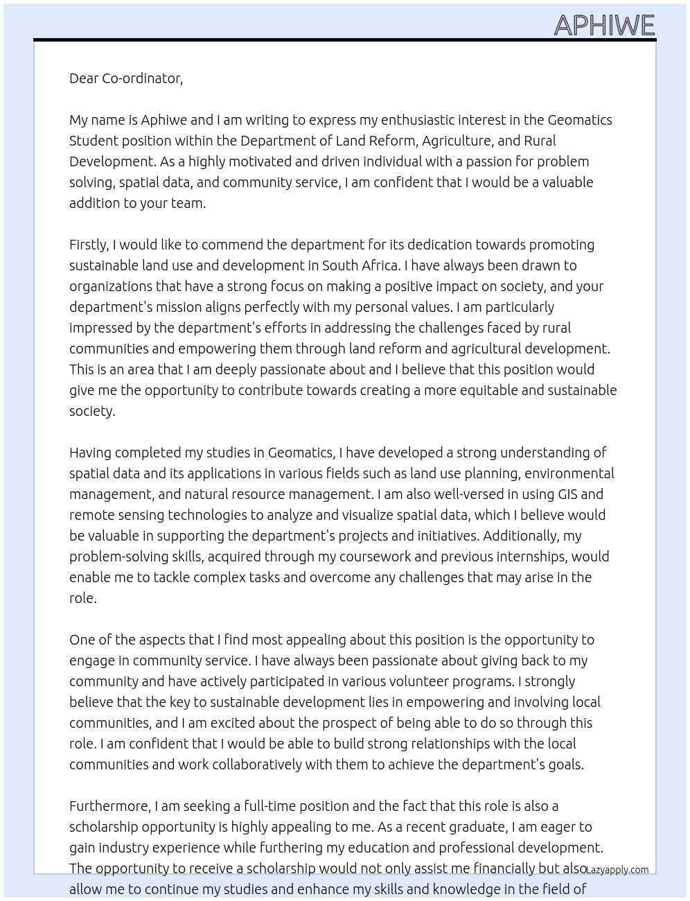 Geomatics Student At Department of land reform, agriculture, and rural development Cover Letter
