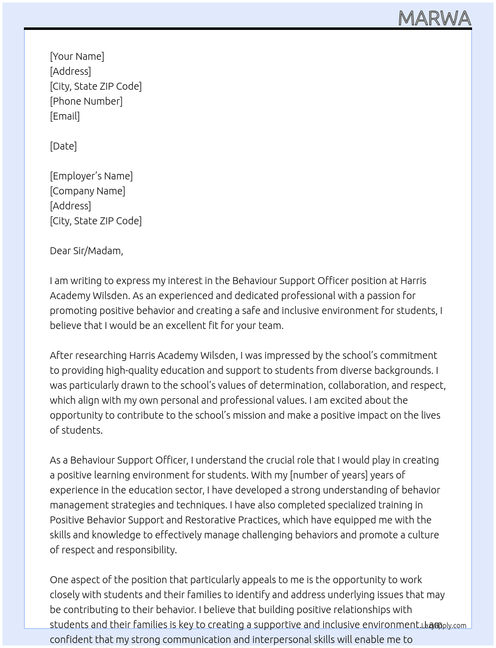 Behaviour Support Officer At Harris Academy Wilsden Cover Letter